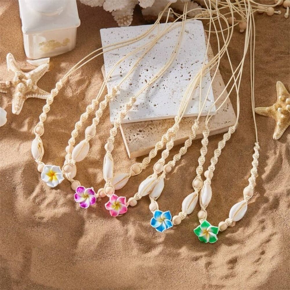 🐚 Hawaiian Shell Necklace 🌺 Clay Flower Adjustable Woven Jewelry